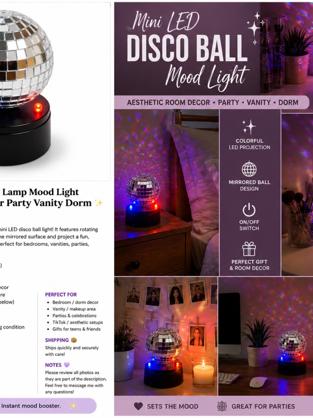 Mini LED Disco Ball Mood Light - Mirrored Silver Party Lamp